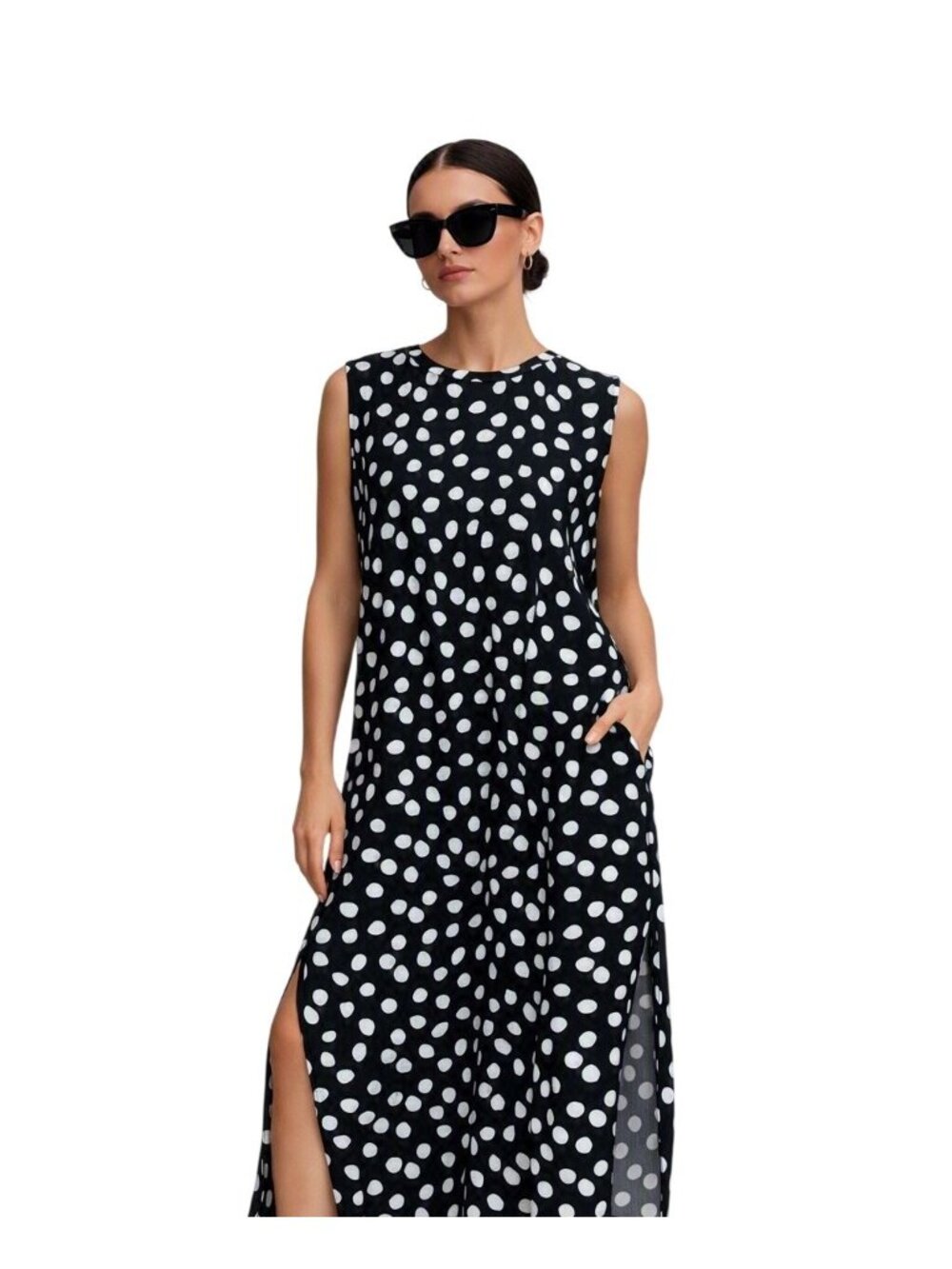 NWT Anrabess Polka Dot Maxi Dress Womens M Coastal Sleeveless Black White Hi low